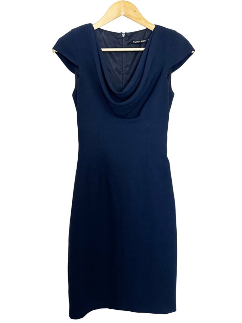 Black Halo Navy Blue Cowl Neck Sheath Dress Cap Sleeve Cocktails Work SZ 0 Style